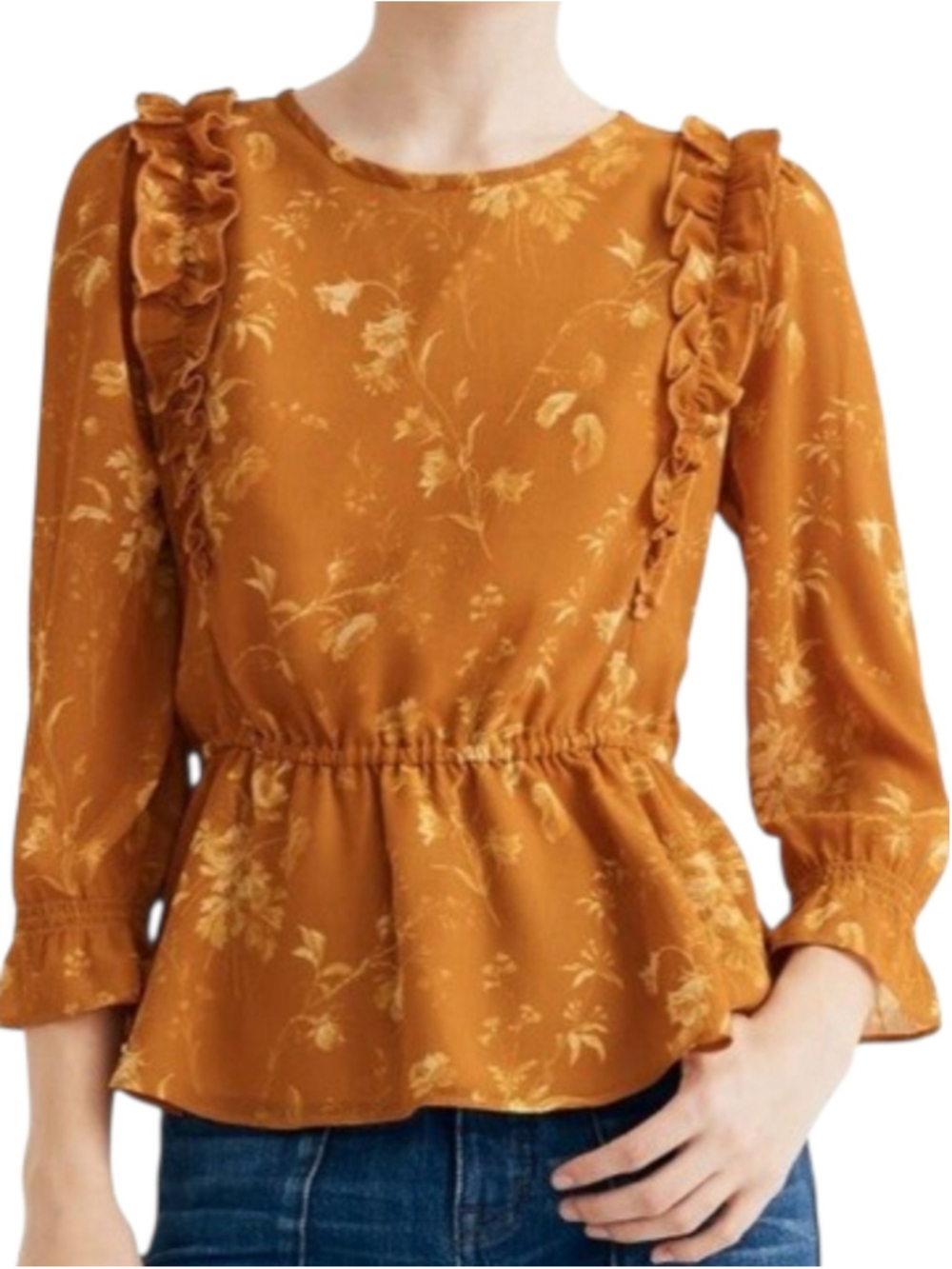 Madewell Floral Ruffle Blouse Mustard Orange Yellow Size Medium